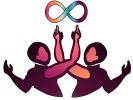 Two shapes representing people with interlocked arms and hands raised as if they are flapping are positioned below a rainbow coloured infinity symbol. The primary colours of the logo are purple and orange.